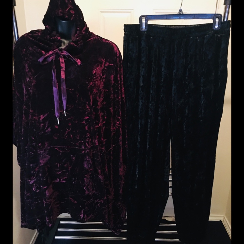 Roman’s Wine Velour Hooded Poncho with Black Velour Jogger